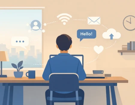 Person working alone at a desk but connected online, representing the Solo Et concept.