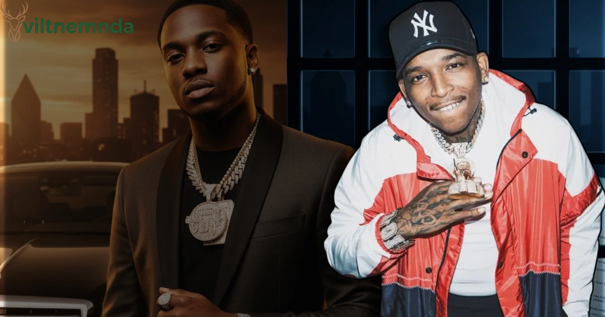 Trapboy Freddy net worth showcase featuring Dallas rapper with luxury jewelry chains and designer accessories against urban skyline backdrop