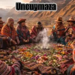 Indigenous Andean community performing uncuymaza ceremony with traditional offerings to Pachamama in Peru highlands