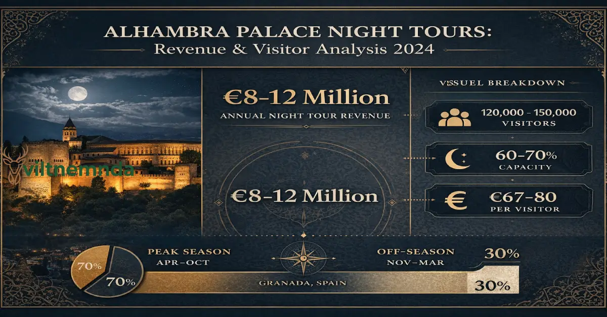 Infographic showing Alhambra Palace night tour attendance revenue of €8-12 million annually with visitor numbers and capacity utilization data