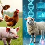 Animal breeding and genetics diagram showing livestock improvement through genomic selection and modern breeding technologies