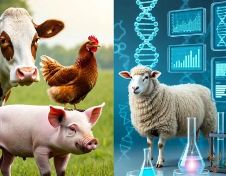 Animal breeding and genetics diagram showing livestock improvement through genomic selection and modern breeding technologies