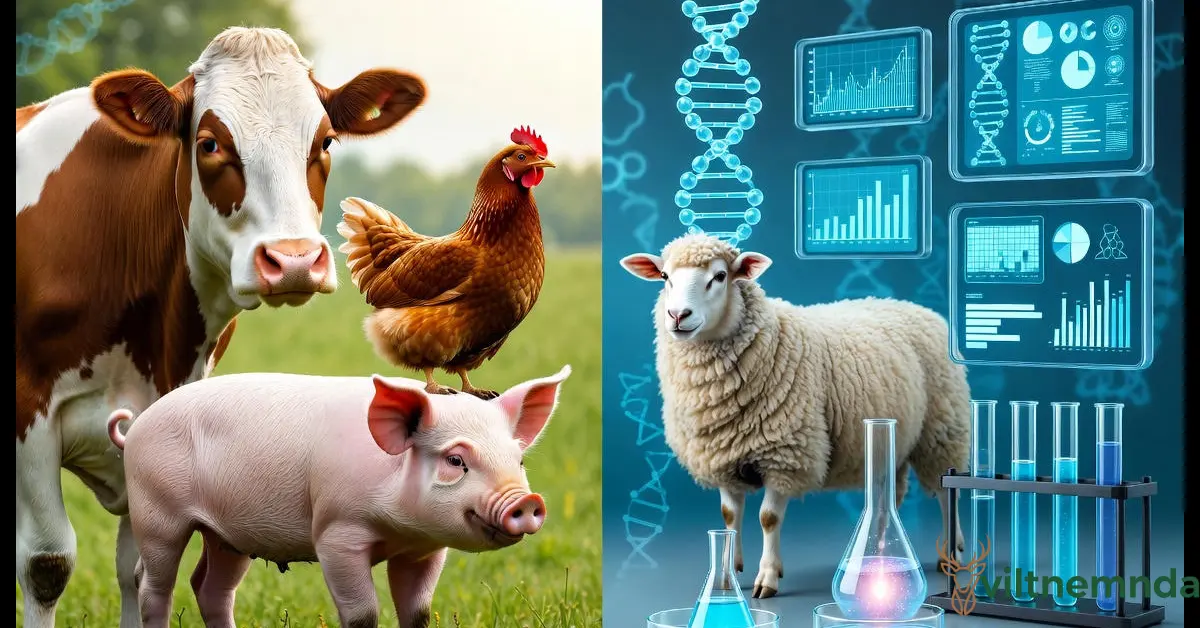Animal breeding and genetics diagram showing livestock improvement through genomic selection and modern breeding technologies
