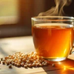 Benefits of barley tea displayed with glass cup of golden amber tea and roasted barley grains on wooden table