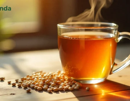 Benefits of barley tea displayed with glass cup of golden amber tea and roasted barley grains on wooden table