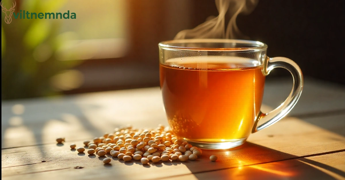 Benefits of barley tea displayed with glass cup of golden amber tea and roasted barley grains on wooden table