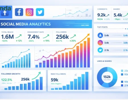 bouncemediagroupcom social stat dashboard showing social media analytics with engagement rate, total reach, follower growth metrics and performance graphs