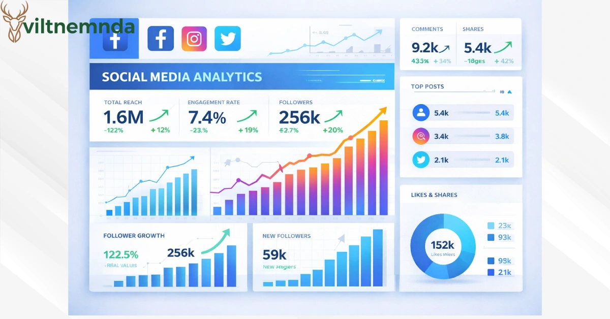 bouncemediagroupcom social stat dashboard showing social media analytics with engagement rate, total reach, follower growth metrics and performance graphs