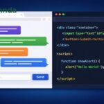 Split screen showing chatroom interface and HTML source code with visible tags and syntax highlighting