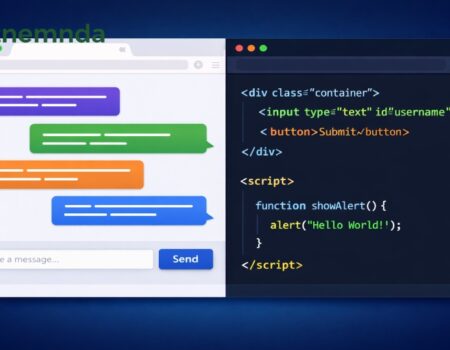 Split screen showing chatroom interface and HTML source code with visible tags and syntax highlighting