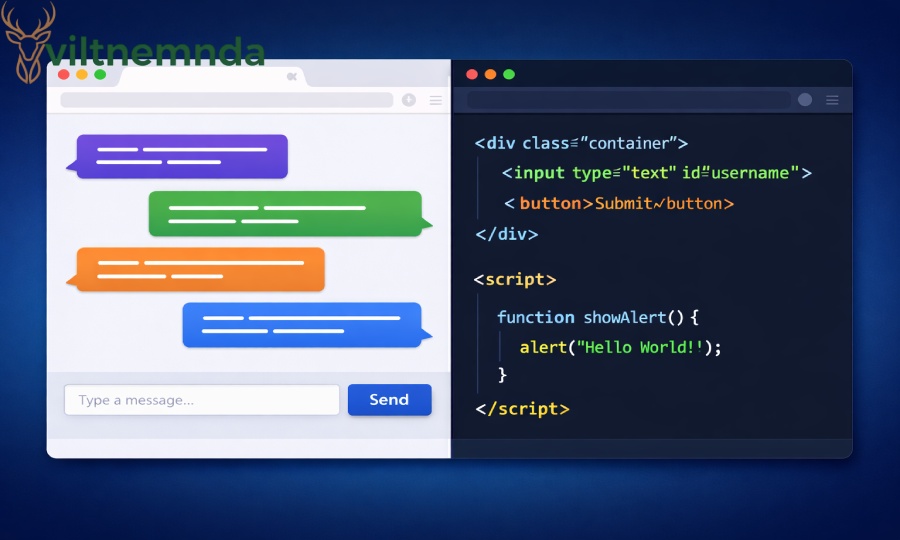 Split screen showing chatroom interface and HTML source code with visible tags and syntax highlighting