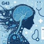 Medical chart displaying cid10g43 ICD-10 code for migraine diagnosis with brain illustration and healthcare documentation symbols