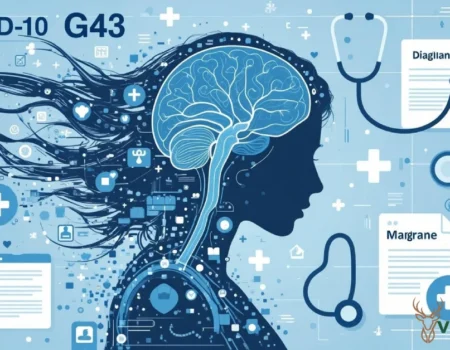 Medical chart displaying cid10g43 ICD-10 code for migraine diagnosis with brain illustration and healthcare documentation symbols