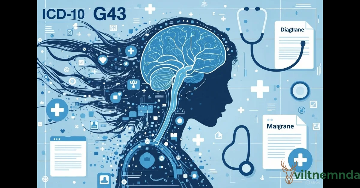 Medical chart displaying cid10g43 ICD-10 code for migraine diagnosis with brain illustration and healthcare documentation symbols