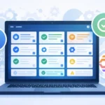 Laptop showing a secure task dashboard with checkmarks, lock icon, and automation arrows for develop oxzep7 software.