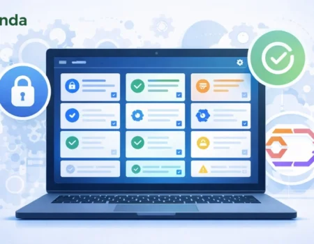 Laptop showing a secure task dashboard with checkmarks, lock icon, and automation arrows for develop oxzep7 software.
