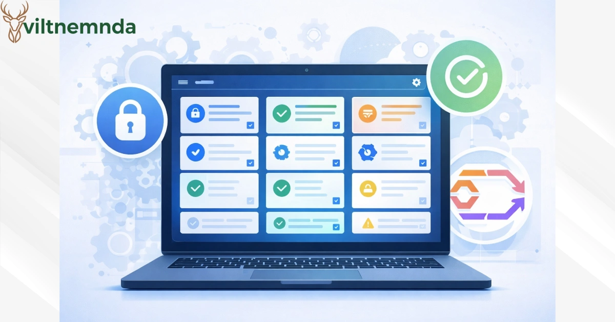 Laptop showing a secure task dashboard with checkmarks, lock icon, and automation arrows for develop oxzep7 software.