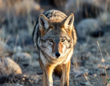 Alert coyote in desert grassland at golden hour, illustrating solitary hunting behavior and how coyotes hunt in packs only for large prey
