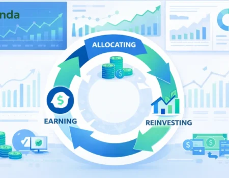 finance latests cyclemoneyco cash flow cycle showing earning allocating and reinvesting stages with financial dashboard analytics
