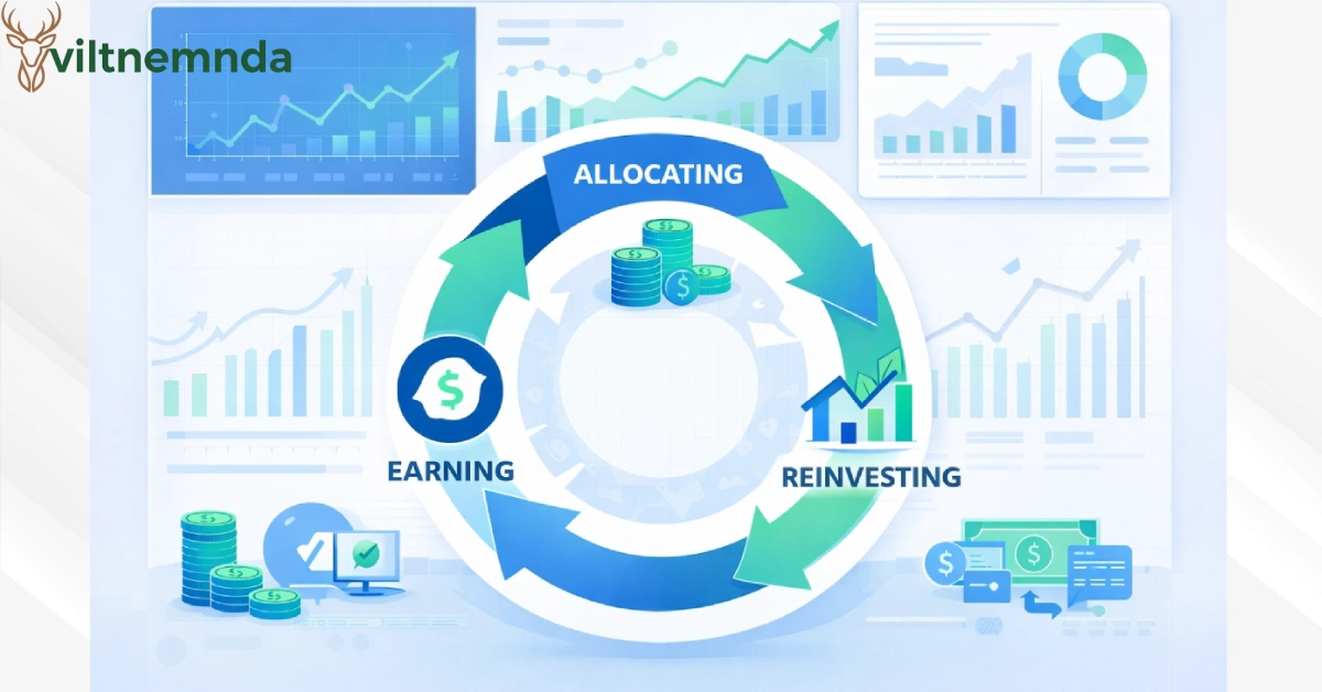 finance latests cyclemoneyco cash flow cycle showing earning allocating and reinvesting stages with financial dashboard analytics