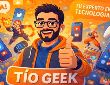 Geekzilla tio geek platform logo with tech gadgets, gaming controllers, and Spanish language content for Latin American tech enthusiasts