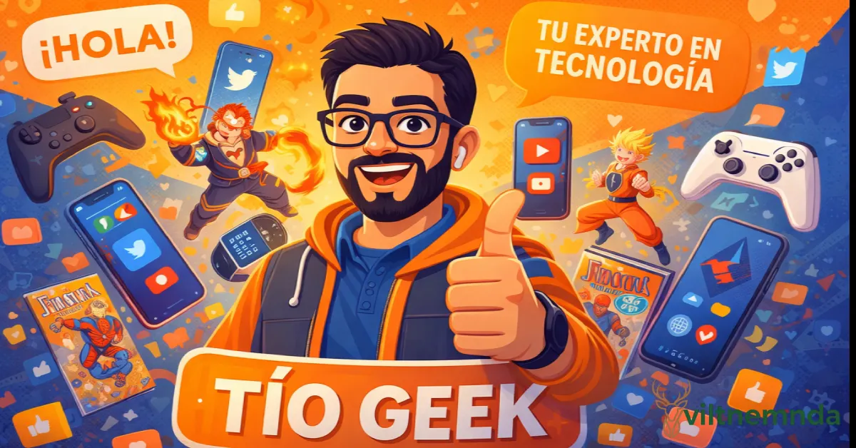 Geekzilla tio geek platform logo with tech gadgets, gaming controllers, and Spanish language content for Latin American tech enthusiasts