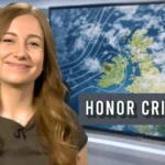 Met Office meteorologist Honor Criswick presenting a UK weather forecast map.