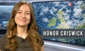 Met Office meteorologist Honor Criswick presenting a UK weather forecast map.