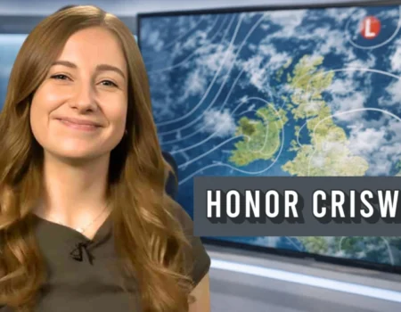 Met Office meteorologist Honor Criswick presenting a UK weather forecast map.