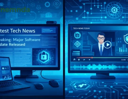 Innovation news dualmedia multimedia journalism platform showing dual-format content delivery with AI technology and blockchain verification dashboard