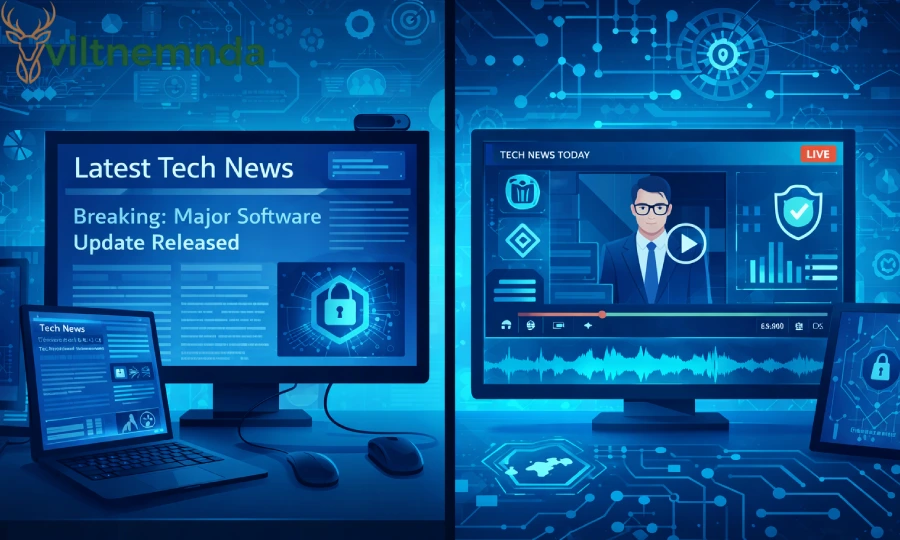 Innovation news dualmedia multimedia journalism platform showing dual-format content delivery with AI technology and blockchain verification dashboard