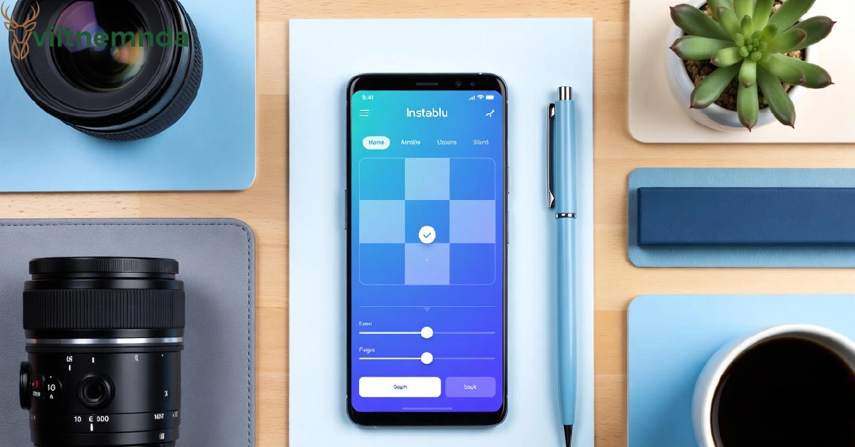Smartphone on a desk displaying the Instablu app interface with grid planning and photo editing tools.