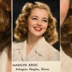 Marilyn Kroc Barg portrait photo from Arlington Heights, Illinois - Ray Kroc's daughter in elegant 1940s vintage clothing with blonde wavy hair and red lipstick