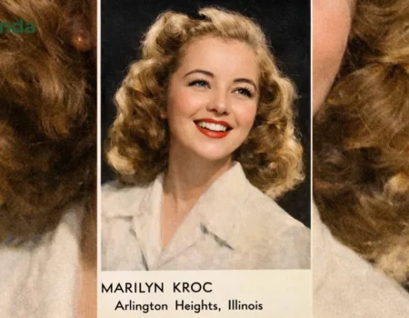 Marilyn Kroc Barg portrait photo from Arlington Heights, Illinois - Ray Kroc's daughter in elegant 1940s vintage clothing with blonde wavy hair and red lipstick