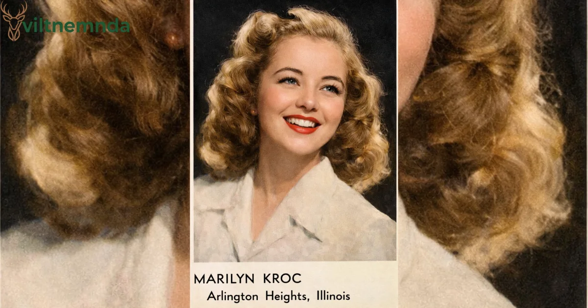 Marilyn Kroc Barg portrait photo from Arlington Heights, Illinois - Ray Kroc's daughter in elegant 1940s vintage clothing with blonde wavy hair and red lipstick