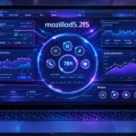 Laptop screen displaying the new software name mozillod5.2f5 dashboard interface with futuristic blue data widgets.