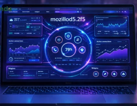 Laptop screen displaying the new software name mozillod5.2f5 dashboard interface with futuristic blue data widgets.