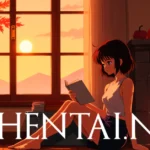 nhentai.nef article header featuring anime character reading by fireplace in autumn setting with platform name overlay