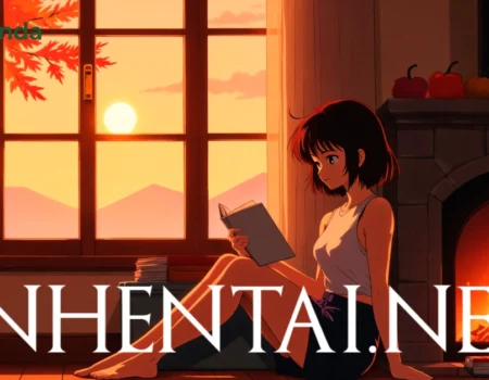 nhentai.nef article header featuring anime character reading by fireplace in autumn setting with platform name overlay
