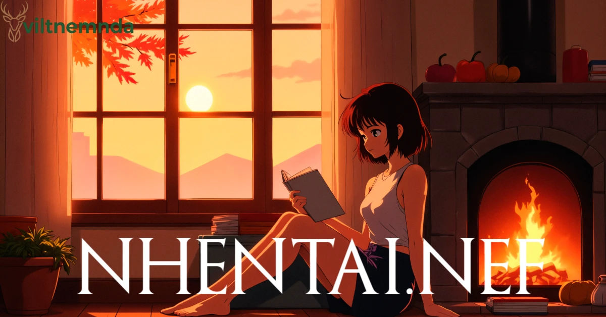 nhentai.nef article header featuring anime character reading by fireplace in autumn setting with platform name overlay