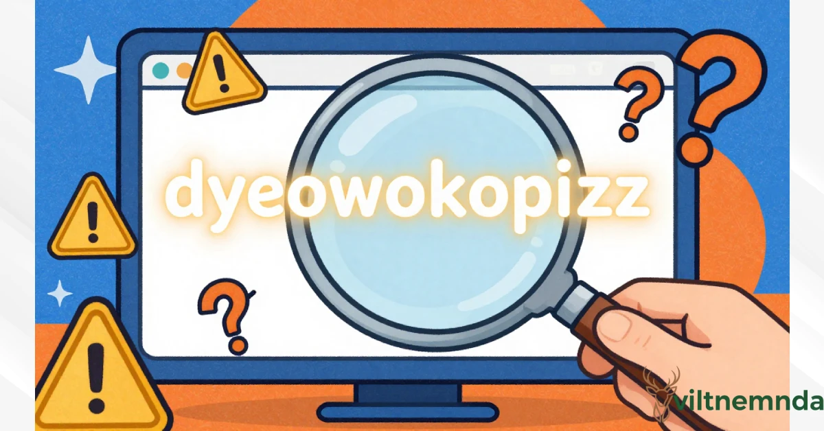 Magnifying glass examining the origin of dyeowokopizz term on computer screen showing internet fabrication and content farm tactics
