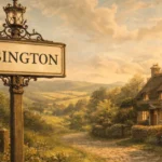 Vintage style village sign reading Pabington with a rural English countryside background.
