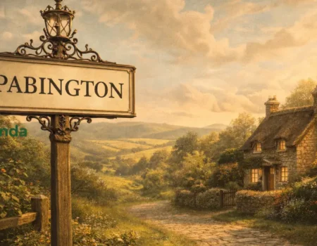 Vintage style village sign reading Pabington with a rural English countryside background.