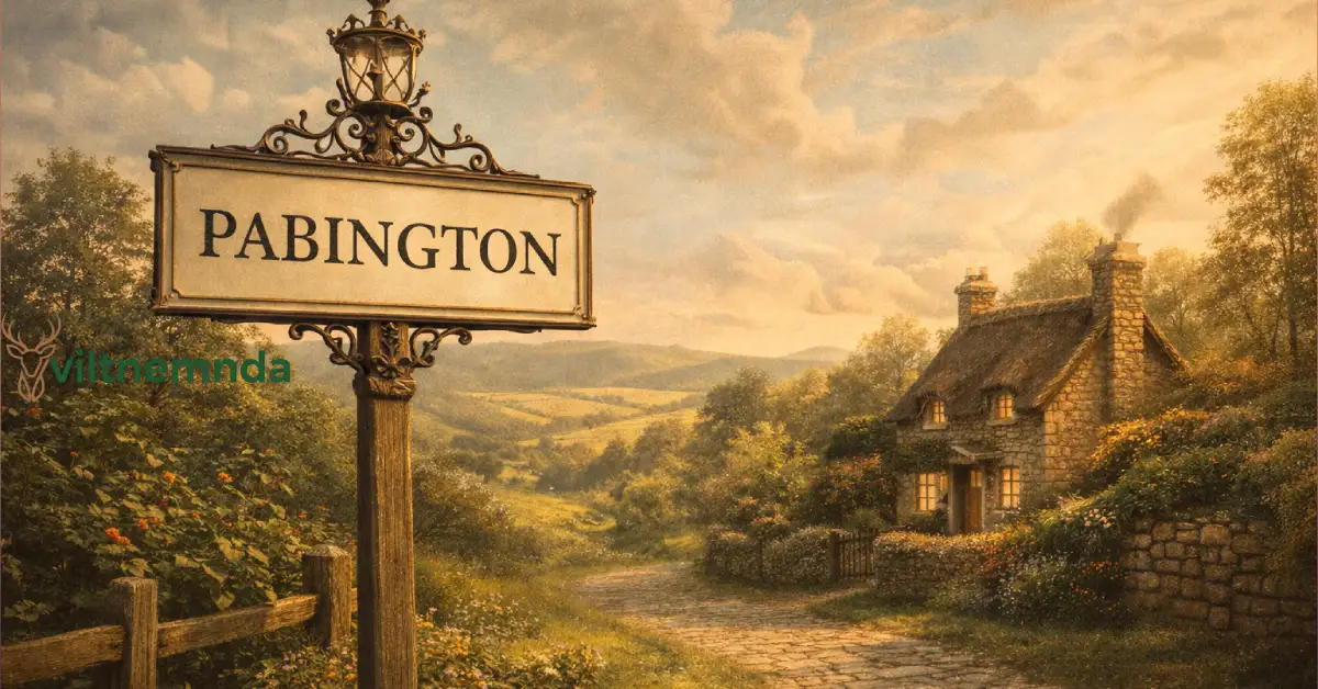 Vintage style village sign reading Pabington with a rural English countryside background.