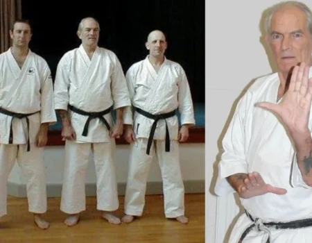 Peter Spanton karate instructor and premium drinks founder demonstrating martial arts technique in white gi