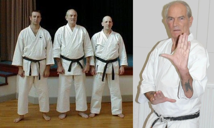 Peter Spanton karate instructor and premium drinks founder demonstrating martial arts technique in white gi
