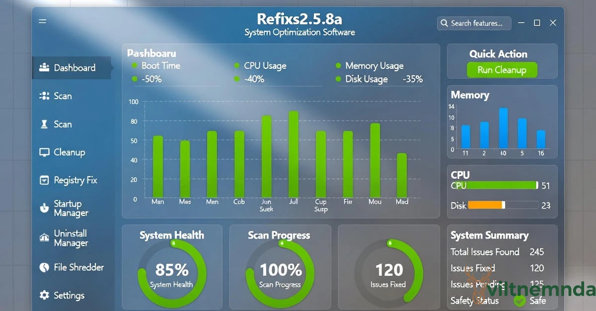 refixs2.5.8a system optimization software interface showing performance diagnostics and cleanup tools for computer maintenance