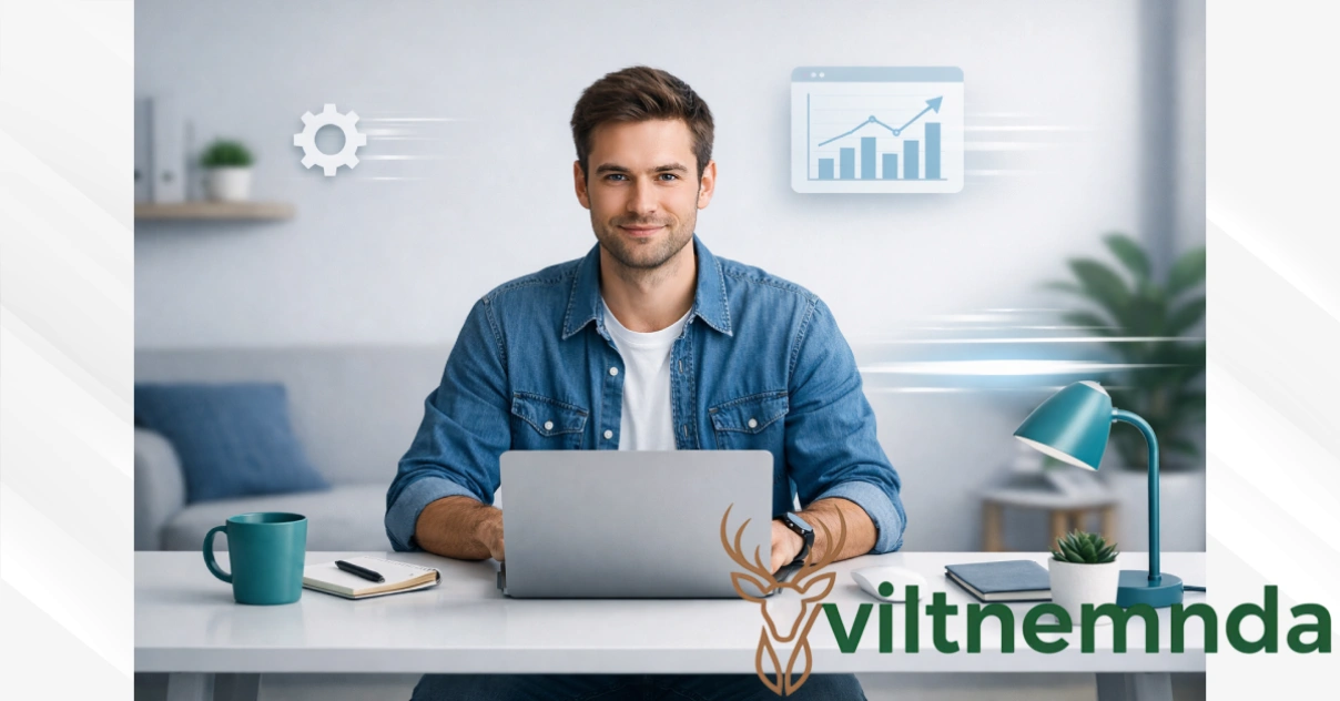 Freelancer working independently at desk using solo ET productivity tools and technology