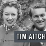 Tim Aitchison and June Whitfield smiling together in a vintage black and white photograph, 1950s