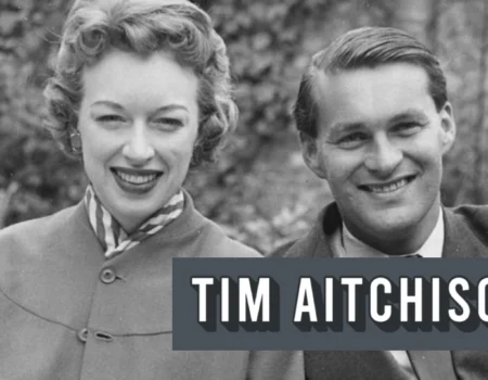 Tim Aitchison and June Whitfield smiling together in a vintage black and white photograph, 1950s
